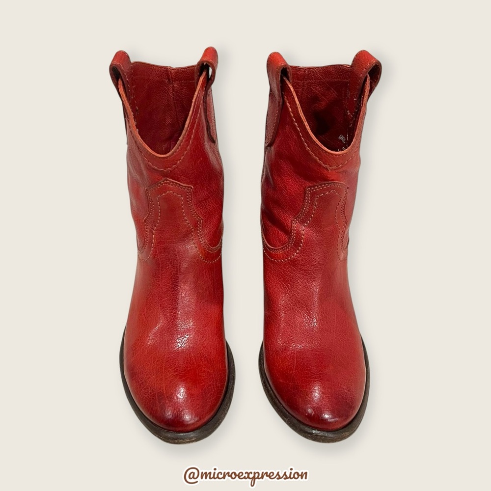RARE Frye Carson Pull On Red Leather Southern/Western Low Heel Boho Cowgirl Boot - Picture 4 of 10